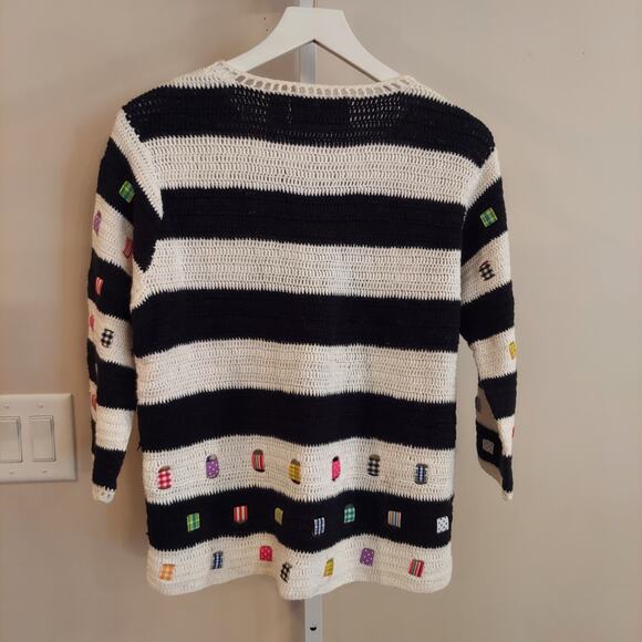 Design Options Knit Novelty Sweater Cardigan Small Ribon Detail Cottage Stripe - Picture 5 of 9